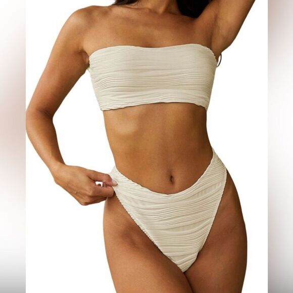 Zaful Other - ZAFUL Women Strapless Textured Bandeau Bikini 2 Piece Cheeky Solid Lace up NWT